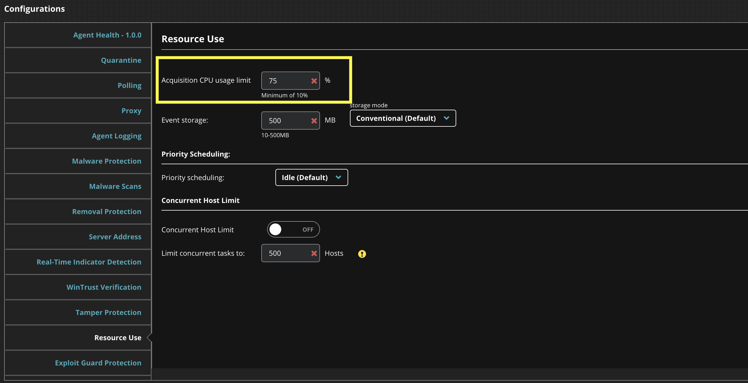What Is the Endpoint Security Acquisition CPU Usage Limit Setting?