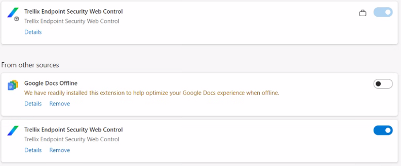 Multiple Trellix Endpoint Security Web Control extensions may be seen ...